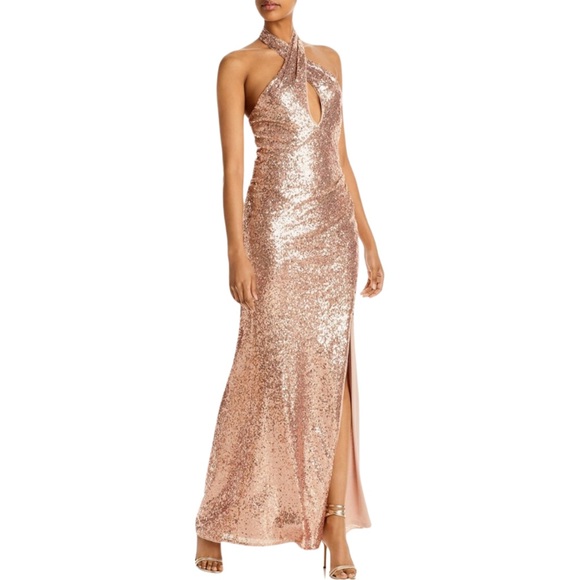 NWT Aqua Sequined Halter Evening Dress - Picture 2 of 14